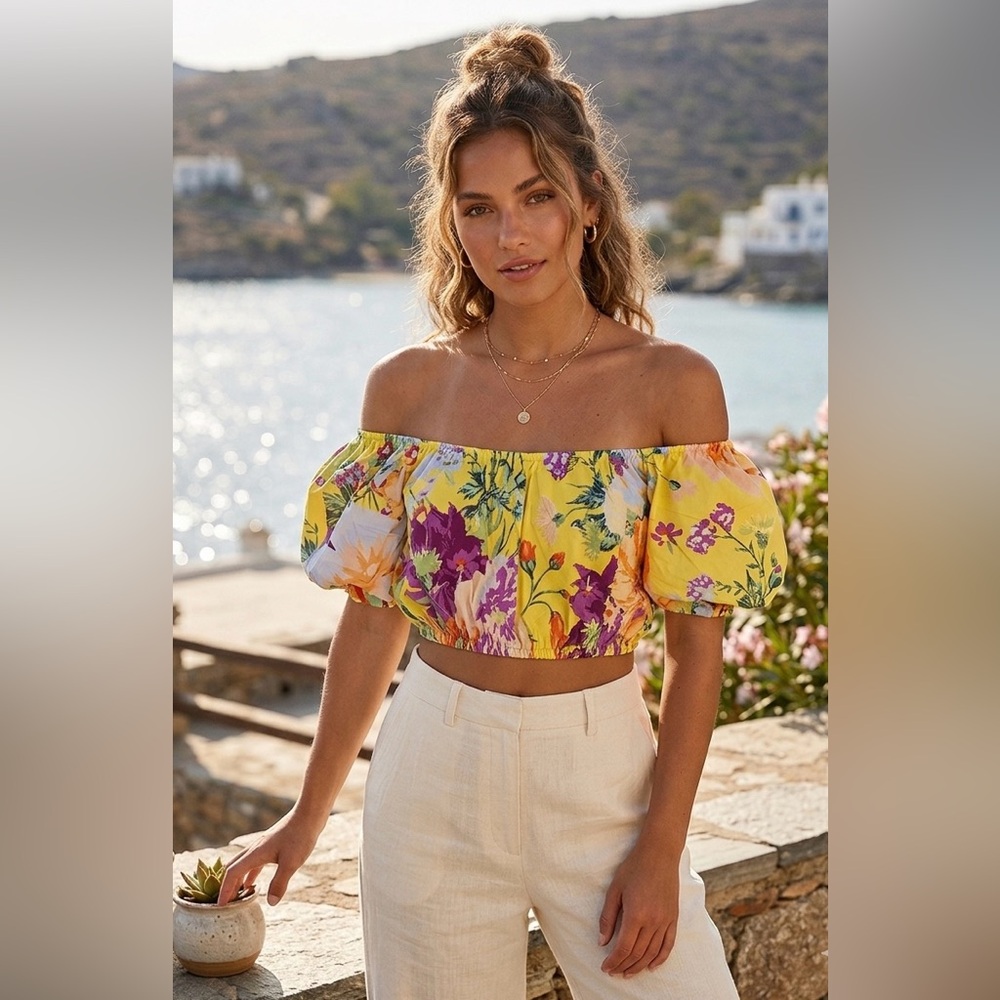 H&M Yellow Floral Puff Sleeve Crop Top - Off the Shoulder Open Back size L